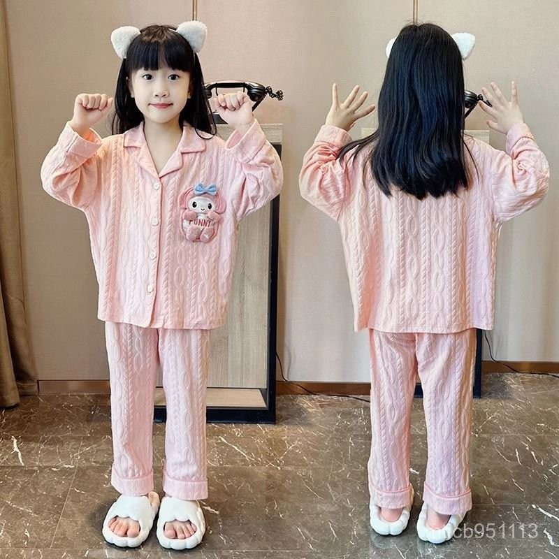 ชุดนอนเด็กรุ่นใหม่สไตล์เกาหลีสไตล์เจ้าหญิงหวานสไตล์การ์ตูนสามมิติ Yugui สุนัขแขนยาวคาร์ดิแกนบริการที่บ้านชุดสองชิ้น