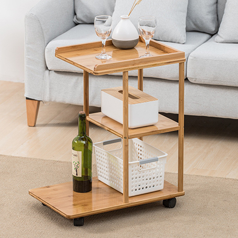 3-Tier bamboo wood storage rack shelf with wheels in living room