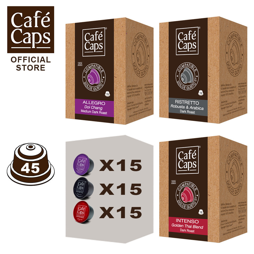 Dolce Gusto Compatible Coffee Capsule Ristretto, Intenso, Doi Chang - Cafecaps (3 boxes X 15 Caps) | กาแฟแคปซูล รวมรส