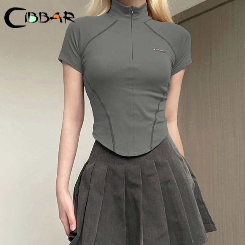 【COD】CIBBAR Harajuku Striped Print Crop Top Women Fashion Zip Up Short Sleeve O Neck Slim T Shirt Gr