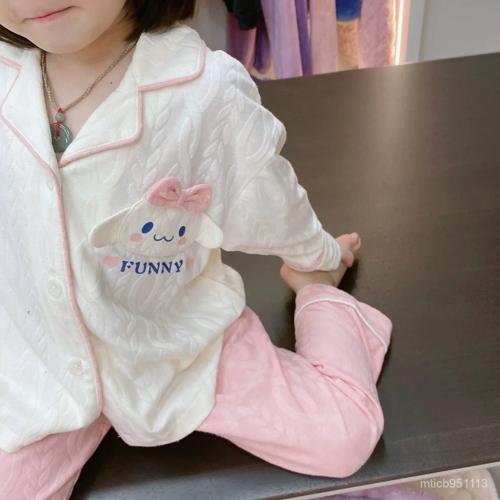 ชุดนอนเด็กใหม่สไตล์เกาหลีการ์ตูนน่ารักพิมพ์สามมิติสีทึบหลวมสบายๆสไตล์เจ้าหญิงหวานแขนยาวใส่ในบ้านชุดสองชิ้น