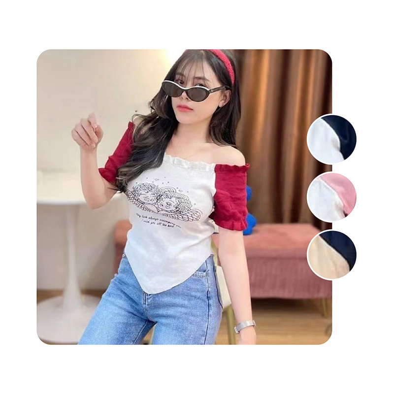 เสื้อครอปเเฟชั่นสไตล์เกาหลีน่ารักสำหรับผู้หญิง เสื้อครอปท็อปลำลอง