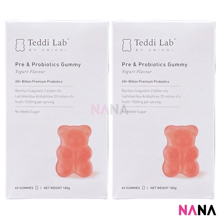 Unichi Teddi Lab Pre & Probiotics Gummy - Yogurt Flavour 60 Gummies x 2 อาหารเสริม พรีไบโอติก และ โปรไบโอติก แบบนุ่ม รสโยเกิร์ต 60 เม็ด 2 กระปุก (หมดอายุ 12 2026)