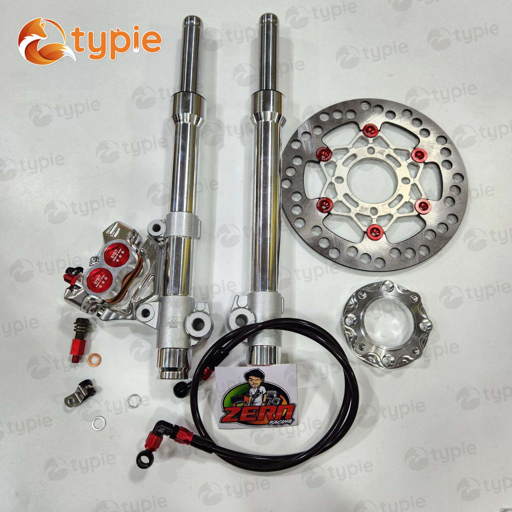 กระบอกกลึง + แกน เวฟ125R + สายเบรคหัวฟันเฟืองสีเงินตัดแดง + จานZERN81 เงินหมุดแดง + สเปเซอร์สีเงิน +  ปั๊มCNC7 เงินหมุดแ