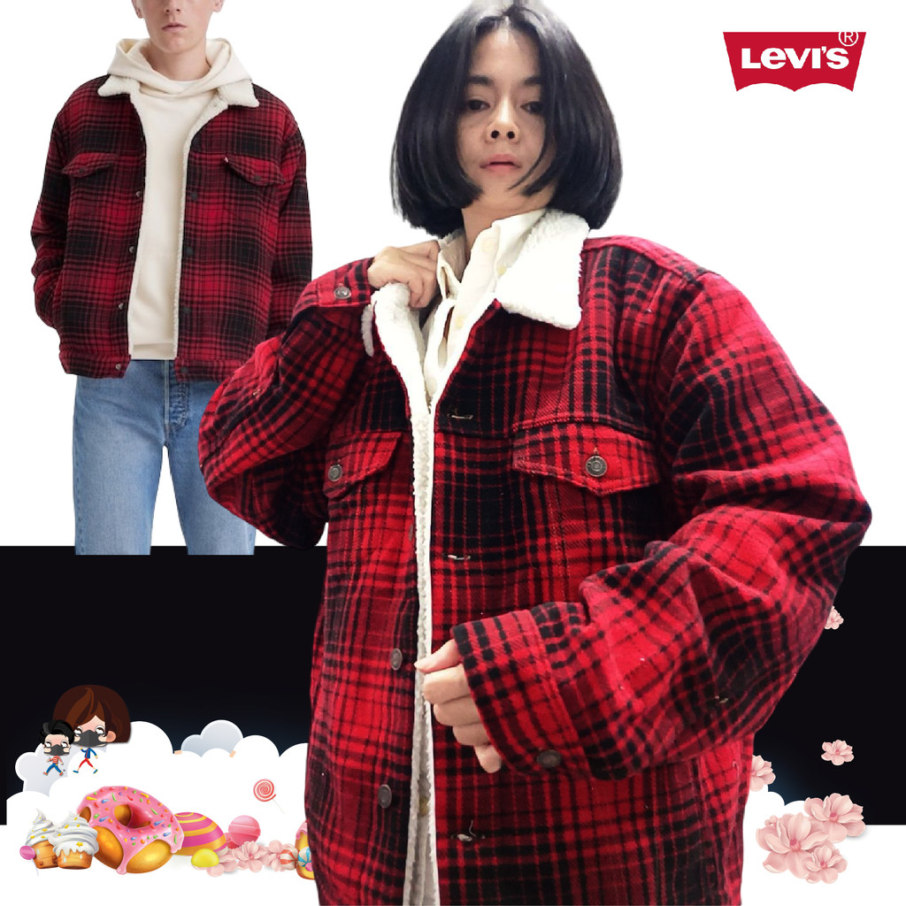 New Levi's Sherpa Trucker Jacket เสื้อแจ็คเก็ตบุขนทรัคเกอร์ ลายสก๊อตแดง ใส่ได้ทั้งชายและหญิงงานแท้ ต