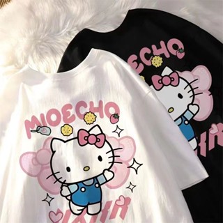 hellokitty สวมเสื้อยืดแขนสั้นผ้าฝ้ายสองสีสีดำและสีขาวด้านบนสุดน่ารัก