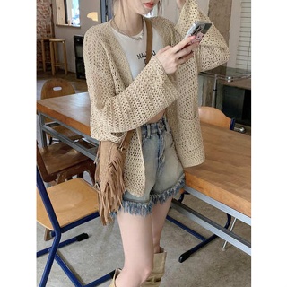 cardigan เสื้อคลุม เสื้อถักกันแดดฉลุลายเสื้อคาร์ดิแกนแบบบางสำหรับฤดูร้อนของผู้หญิงเสื้อตัวนอกสายเดี่ยวฤดูใบไม้ผลิเสื้อตัวนอกทรงหลวมสไตล์ชิวๆ