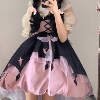 ◇♧Bubble Bear Little Witch Lolita ชุดฤดูใบไม้ผลิและฤดูใบไม้ร่วง Sweet สีดำสีม่วง Bud Dress