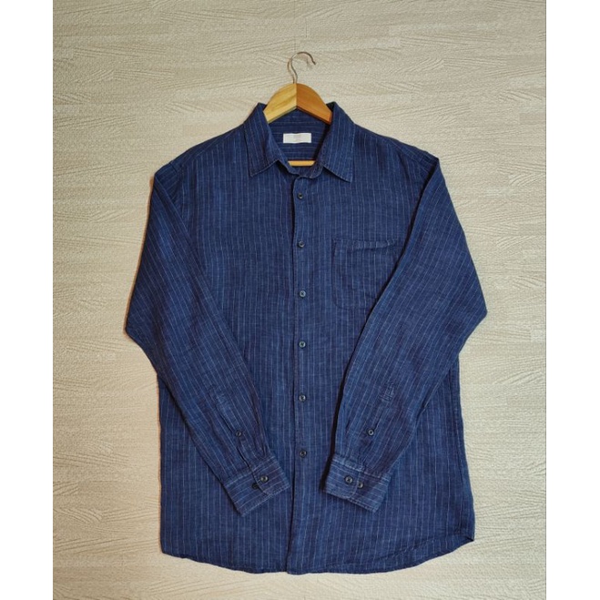 Uniqlo เสื้อเชิ้ต ลินิน 100%  (Premium Linen) สีน้ำเงิน ลายริ้ว Size XL ชาย มือ2