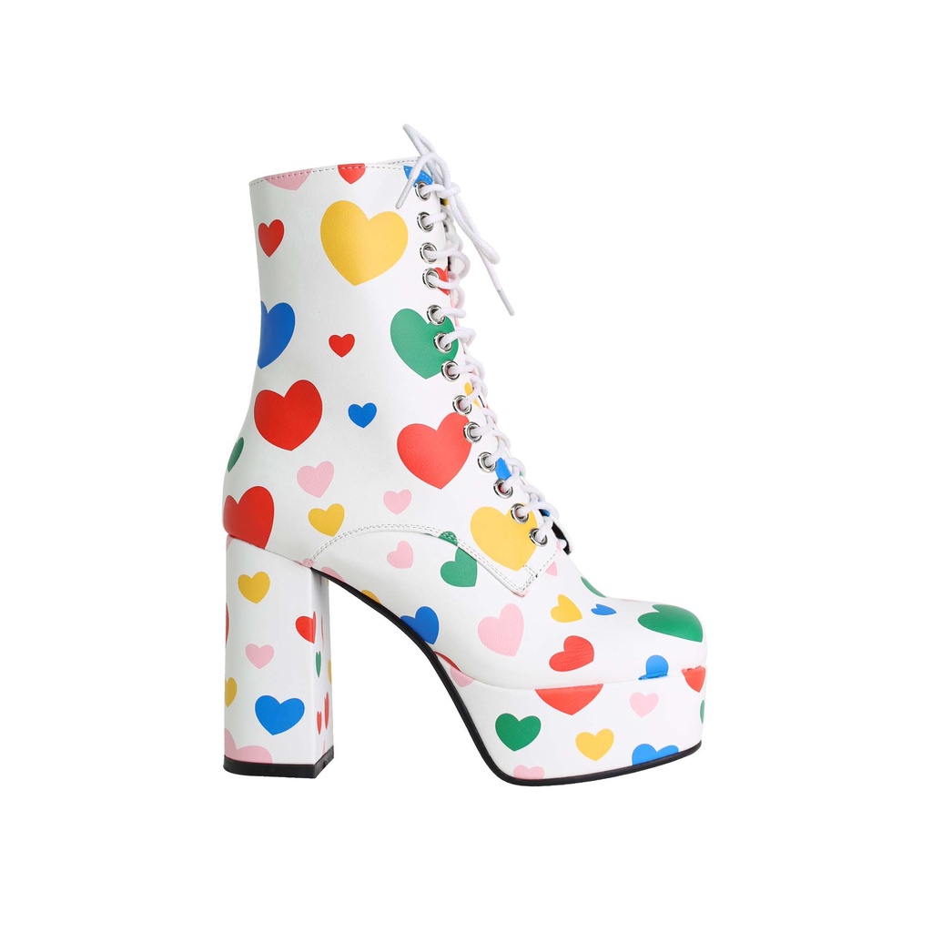 Villains SF Y-I-LOVE-U-HEARTS Platform Combat Boots รองเท้าบูทแพลตฟอร์มผู้หญิง ส้นสูง 4.3"