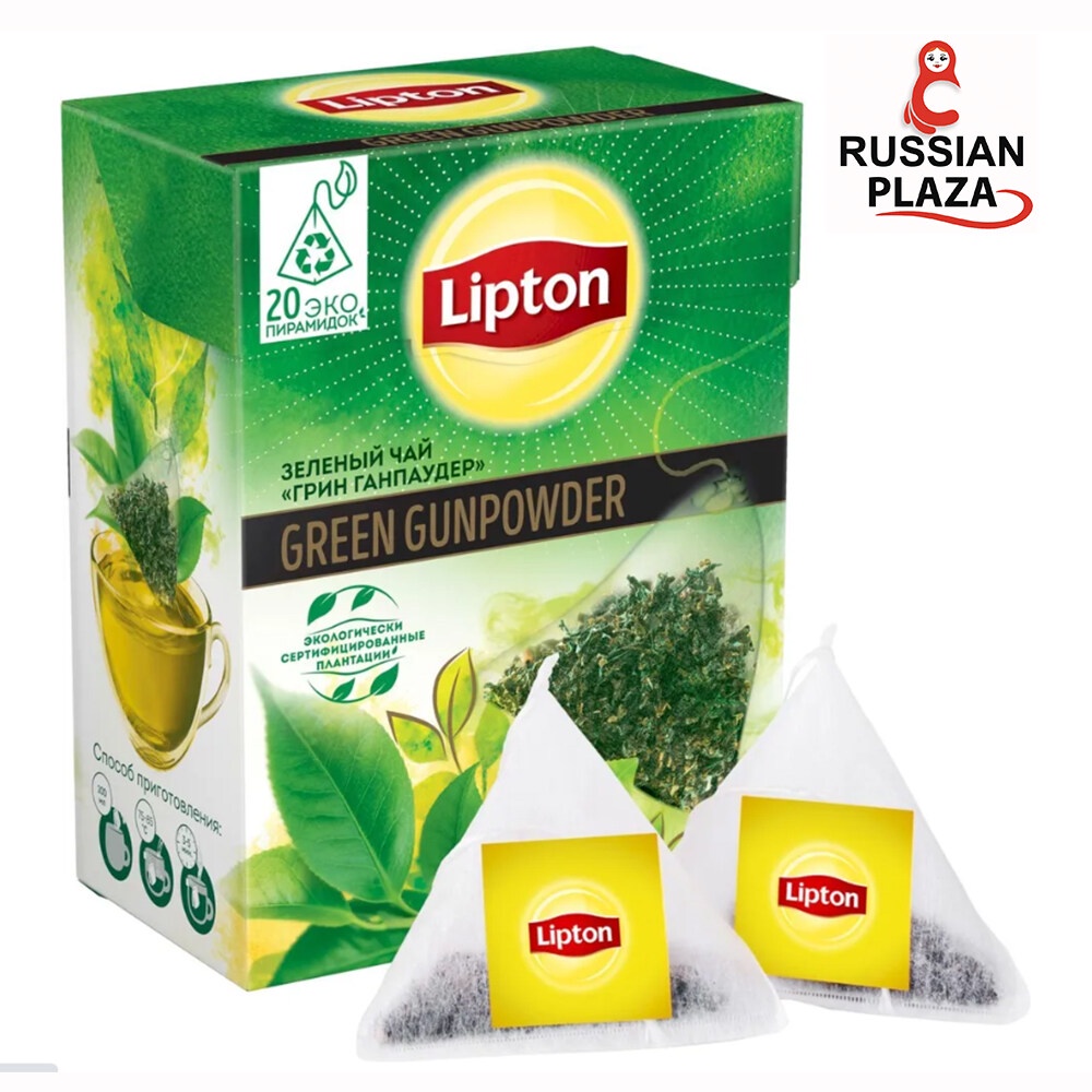 ชาเขียว Lipton Green Gunpowder  ขนาดบรรจุ 20 ซอง /  Чай в пирамидках зеленый Lipton Green Gunpowder,