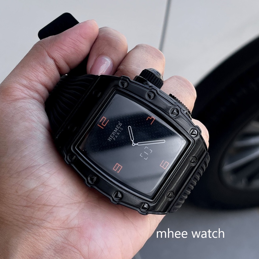 Case Apple Watch 44,45 MM ใส่ได้ทุกseries ทรงRM Model All in Black Luxury Style Stainlessแท้ สายrubber band