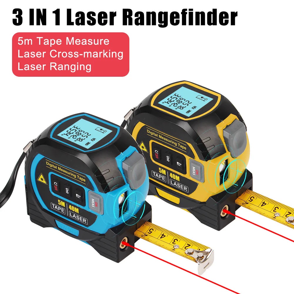 3 In 1 Laser Rangefinder 5M Telescopic Tape จอแสดงผล LCD Digital Laser Range Finder Ac/dc
