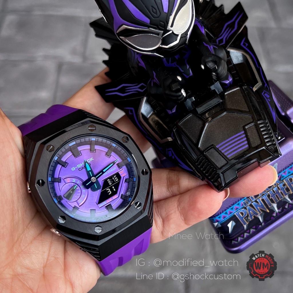 G-SHOCK Casioak Ga-2100 New Arrivals Black Panther Case Black Stainless With Rubber Strap Dial Purple Metallic