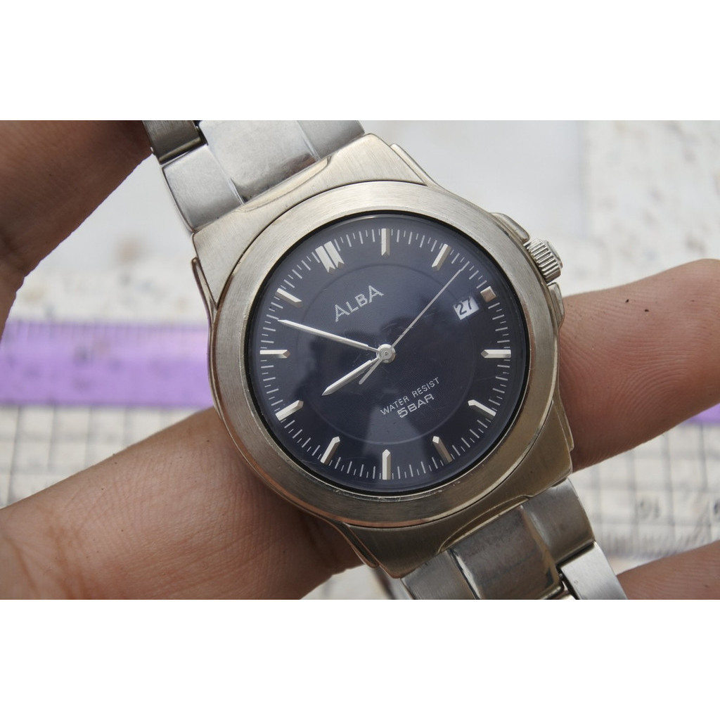 นาฬิกา Vintage มือสองญี่ปุ่น Alba หน้าดำ ผู้ชาย ทรงกลม ระบบ Quartz ขนาด37mm ใช้งานได้ปกติ ของแท้