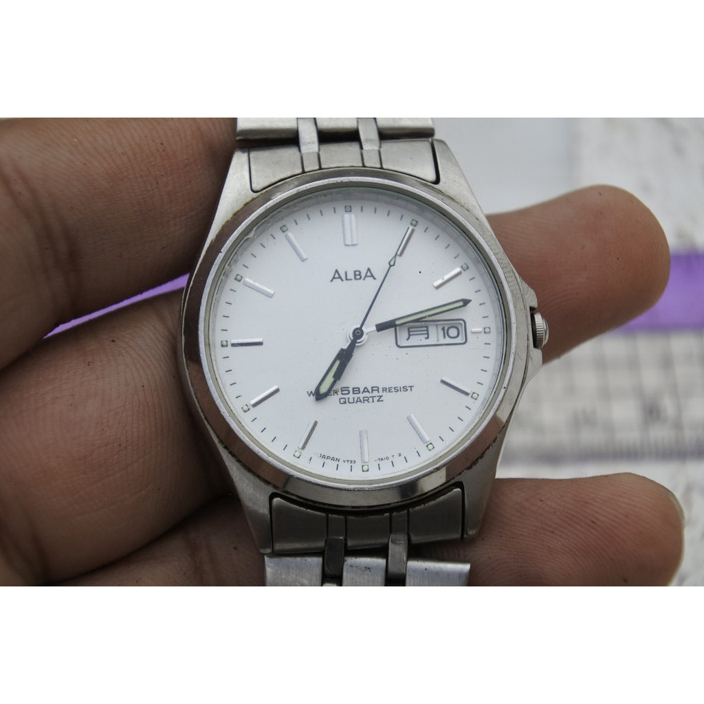 นาฬิกา Vintage มือสองญี่ปุ่น Alba V733 7A00 วันที่คันจิ ผู้ชาย ทรงกลม ระบบ Quartz ขนาด37mm ใช้งานได้ปกติ ของแท้