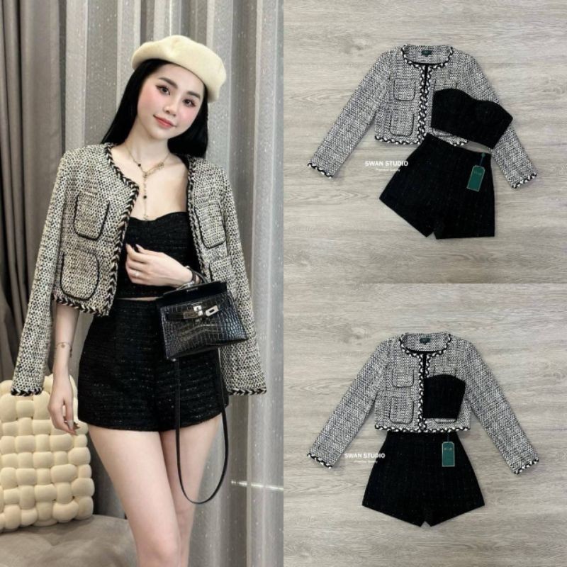 Swan Set 3 ชิ้น : เสื้อสูทแขนยาวผ้าทวิตสีดำขาว + เสื้อครอปเกาะอกผ้าทวิตสีดำ เนื้อผ้ามีความวิ้งๆ+ กาง