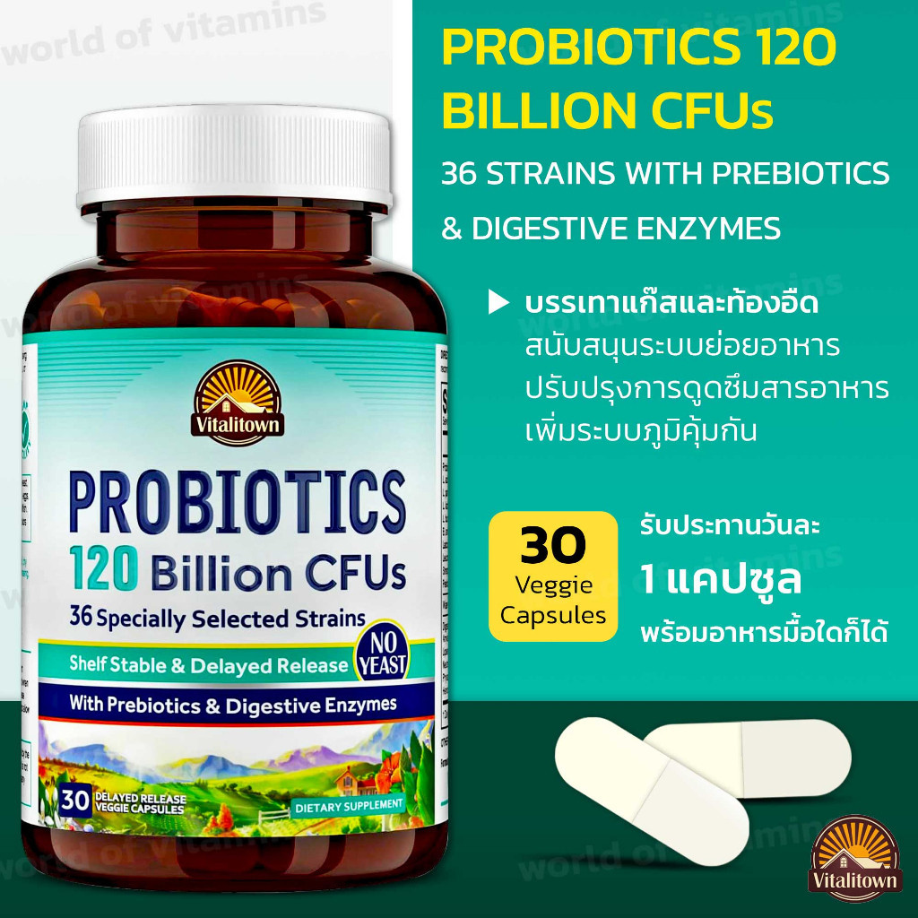 Vitalitown Probiotics 120 Billion CFUs , 36 Strains, with Prebiotics & Digestive Enzymes (No.740)