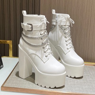 🌸รองเท้าบูท Sz.34-39 สูง16cm/14cm/12cm/10cm (ขาว,ดำ) (DJ) พร…