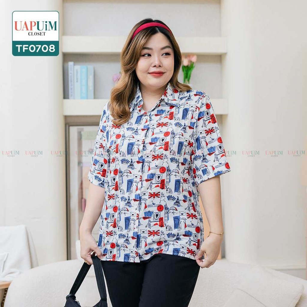 (TF0708)เสื้อแขนสั้นสาวอวบเสื้อเชิ้ตแขนสั้น พิมพ์ลายน่ารัก ดีไซน์ทันสมัย สไตล์ชิคๆ ติดกระดุมช่วงปลายแขน 1