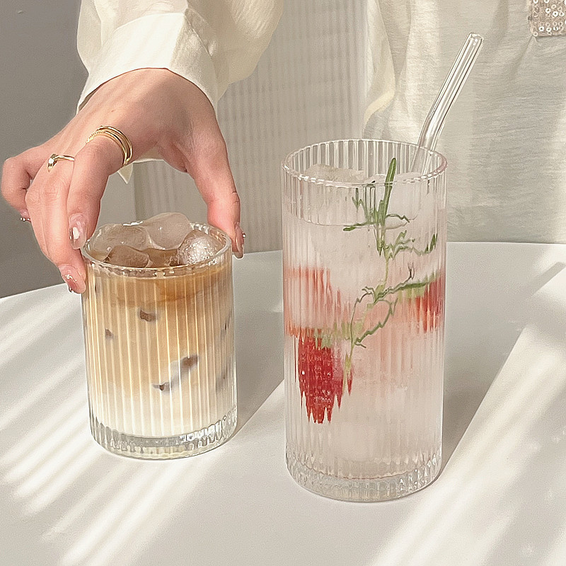 Simple Striped Glass Cup American Coffee Cup Latte Juice Cup Cold Drink Cup Milk Breakfast Cup