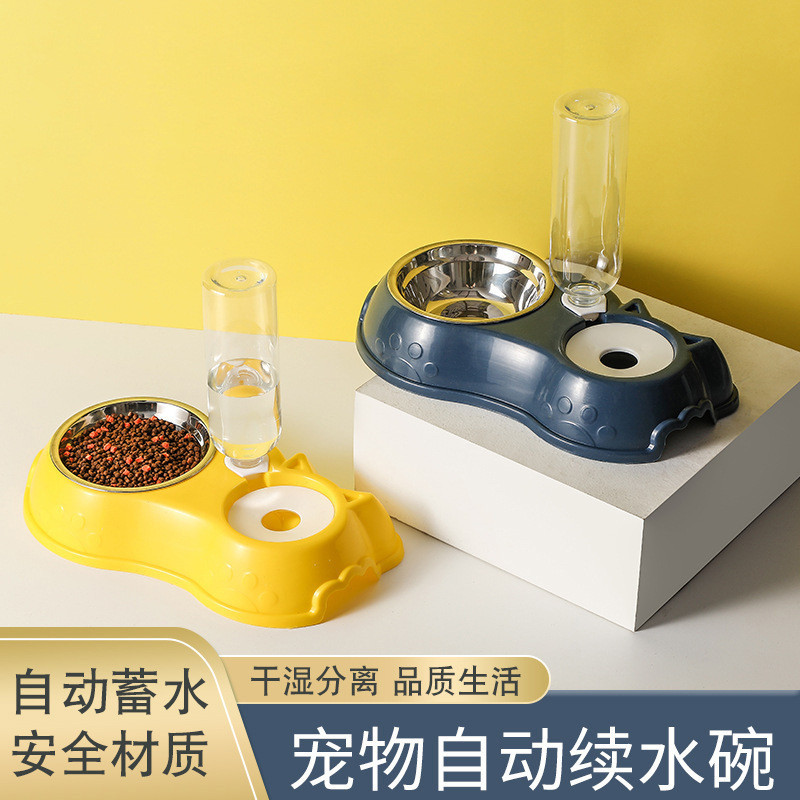HotรับประกันคุณภาพCross-Border Pet Cat Double Bowl Drink Fountain Stainless Steel Dog Food Bowl Food Bowl Keep Dry Mouth
