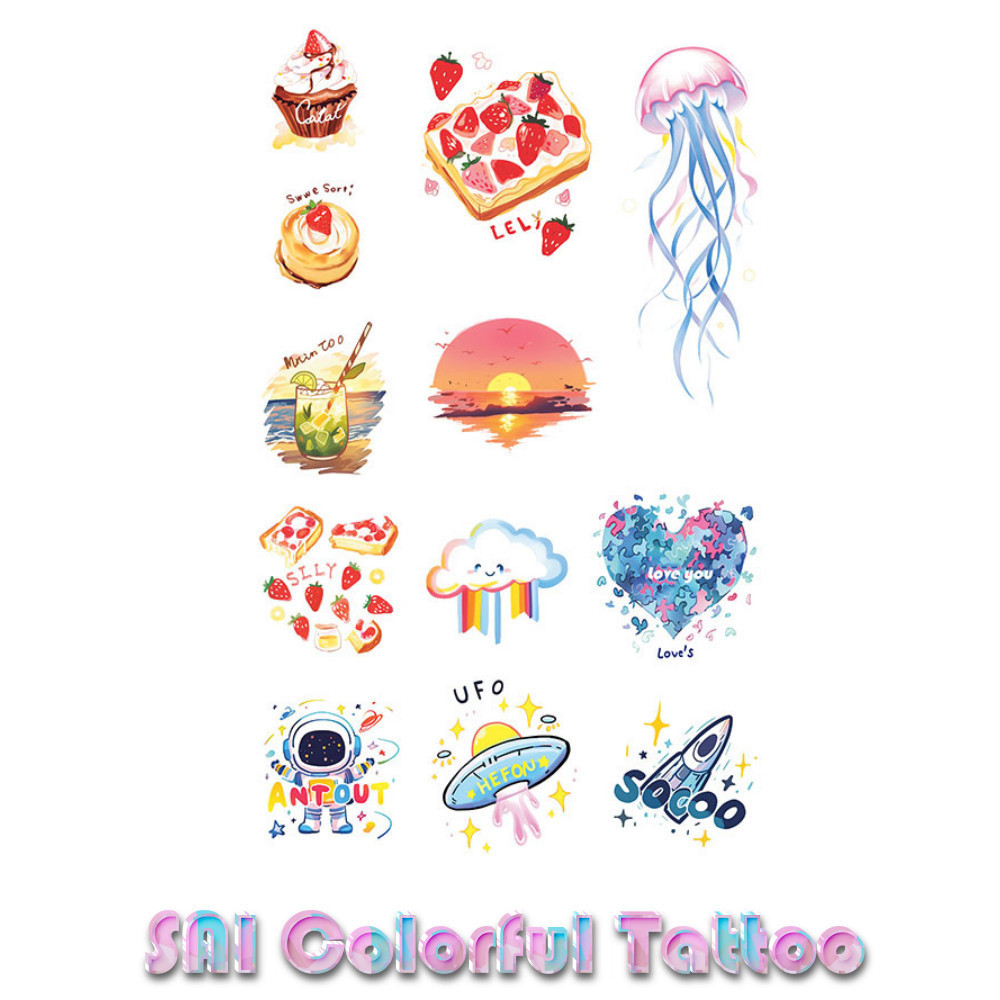 แทททู SAI COLORFUL TATTOO 18CM×11CM แทททูรอยสักกันน้ำ รอยสักชั่วคราว รอยสัก แขน ข้อมือ ข้อเท้า กระดูกไหปลาร้า เค้ก สตรอเบอร์รี่ ยานอวกาศ อวกาศ พระอาทิตย์ขึ้น พระอาทิตย์ตก ผีเสื้อ น่ารัก เด็กสาว เจ้าหญิง โรแมนติก เซ็กซี่ เทพธิดา 091