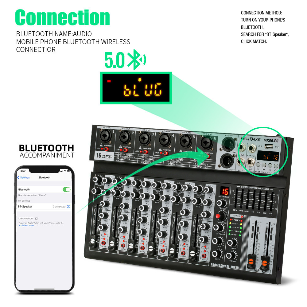 NEW BAXS 6 ช่องโทนเสียง MX06BT AUDIO MIXER มาพร้อมกับ Equalizer 16DSP Effecter รองรับการเล่น Bluetooth / USB / MP3