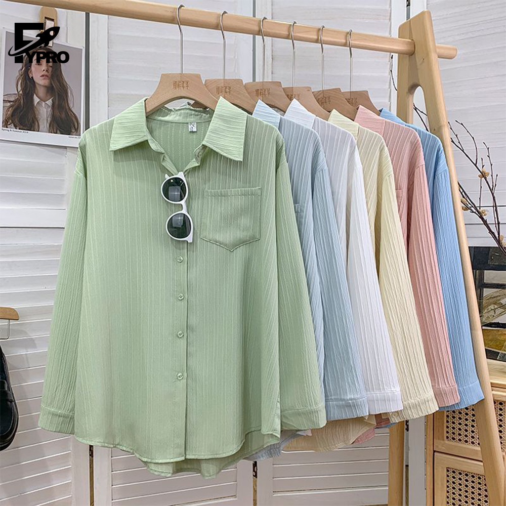 FYP เสื้อเชิ้ตลำลองคอปก ทรงหลวม แขนยาว ฟรีไซส์ สไตล์น่ารักๆ