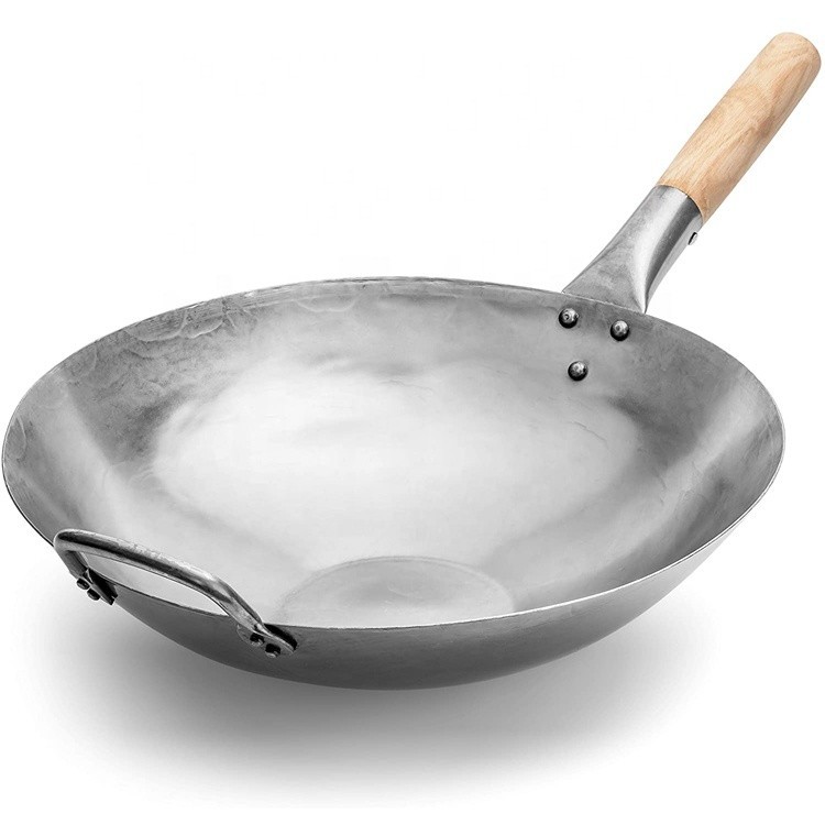 Hot Sell  Wooden Handle Carbon Steel Kitchen Hand Hammered Wok Pan