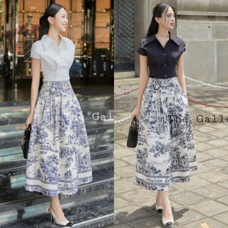 พร้อมส่ง S-XL Set กระโปรงผ้าพิมพ์ลายเสื้อแขนสั้นพร้อมเข็มขัดดอกไม้