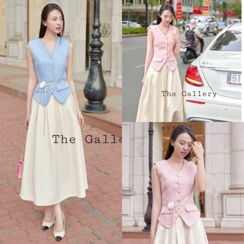พร้อมส่ง S-XL ชุดset3ชิ้น พร้อมเข็มขัดโซ่ดอกไม้ เสื้อและกระโปรง