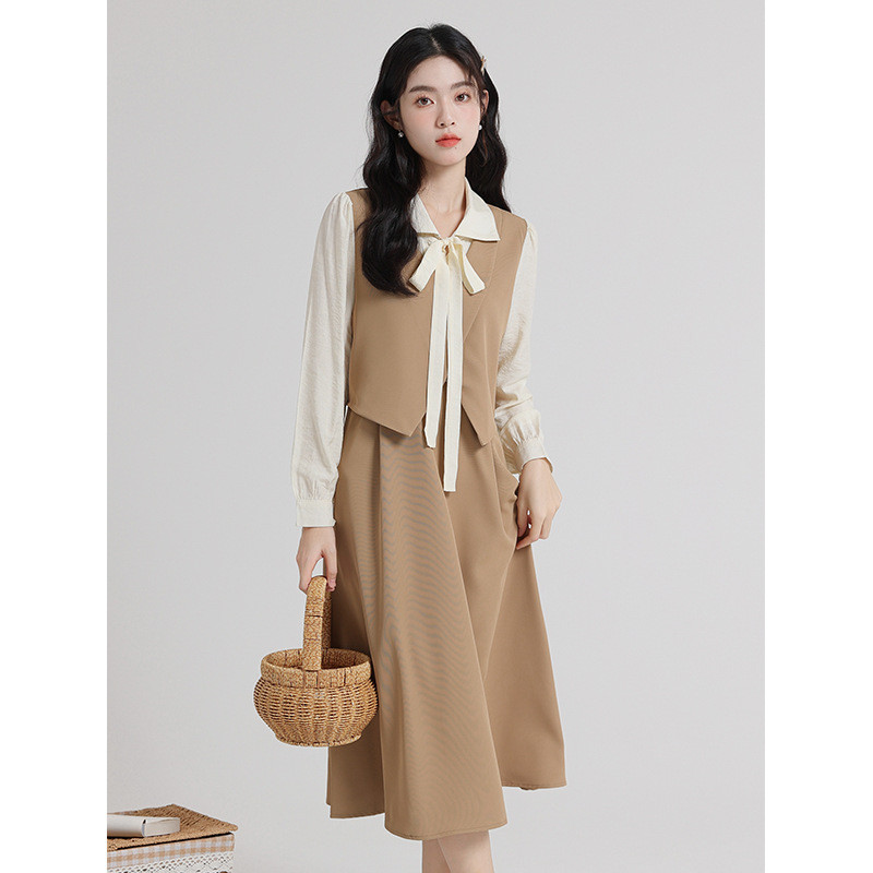 2-piece fashionable slimming formal dress set autumn women teacher commuting clothes A-line high-wai