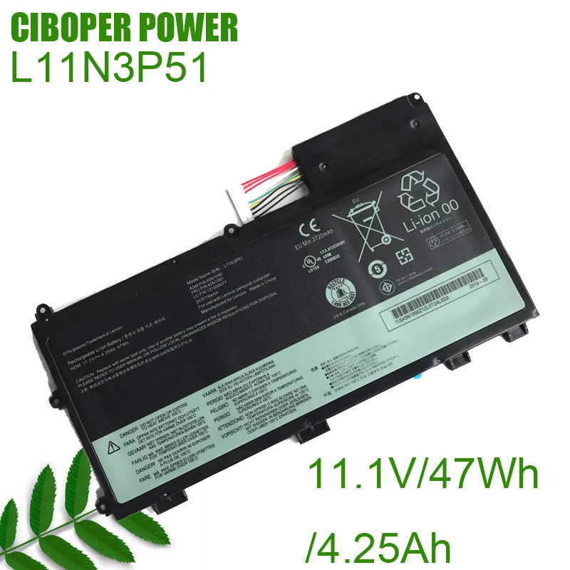 CP แบตเตอรี่แล็ปท็อป L11N3P51 11.1V/47Wh/4.25Ah สำหรับ ThinkPad T430U Ultrabook Notebook L11S3P51, 4