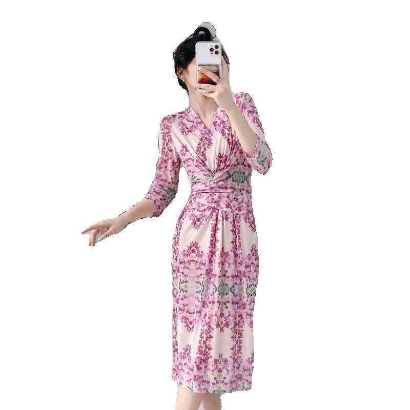 Pg DVF spring-summer French style slim wrap skirt with purple vine flower print high waist long dres