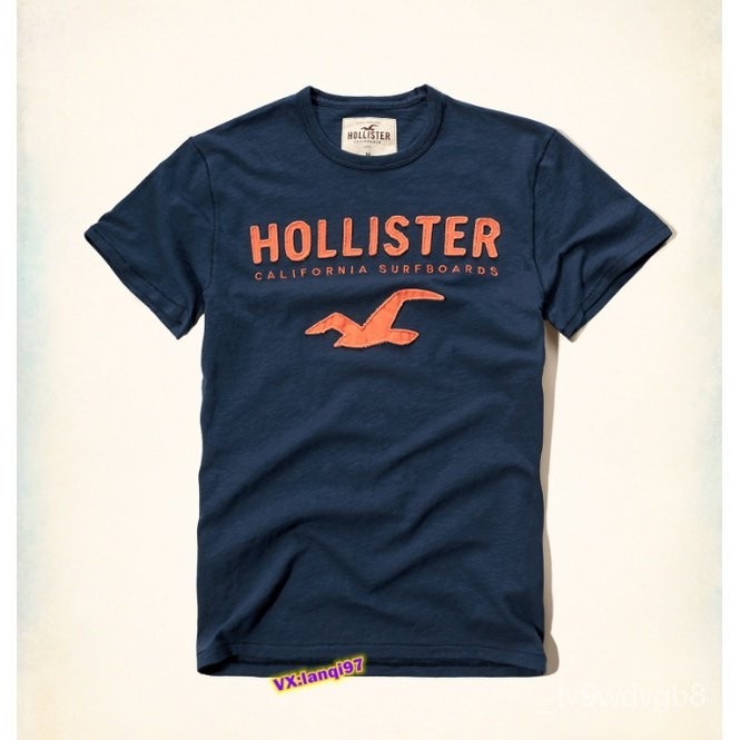 【High quality】Hollister t-shirt cotton round neck fashion tee for men applique dark blue tshirt