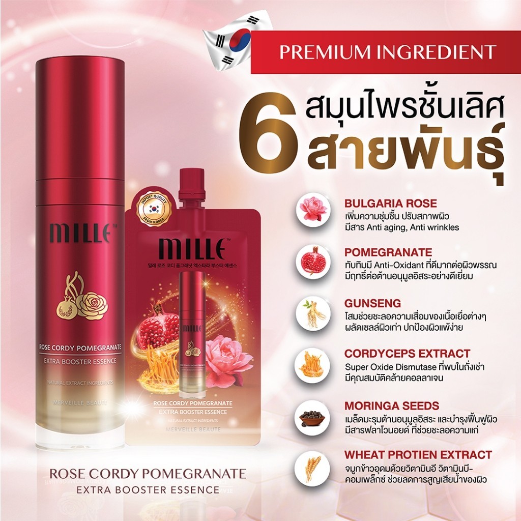 Mille เอสเซนส์น้ำโสมกุหลาบถั่งเช่า Booster Essence ลดเลือนจุดด่างดำ ผิวใส 15 ML. - รูปที่ 5