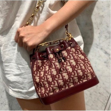 Dior burgundy vintage jacquard logo gold chain belt Drawstring Small Bucket Bag กระเป๋าสะพายไหล่