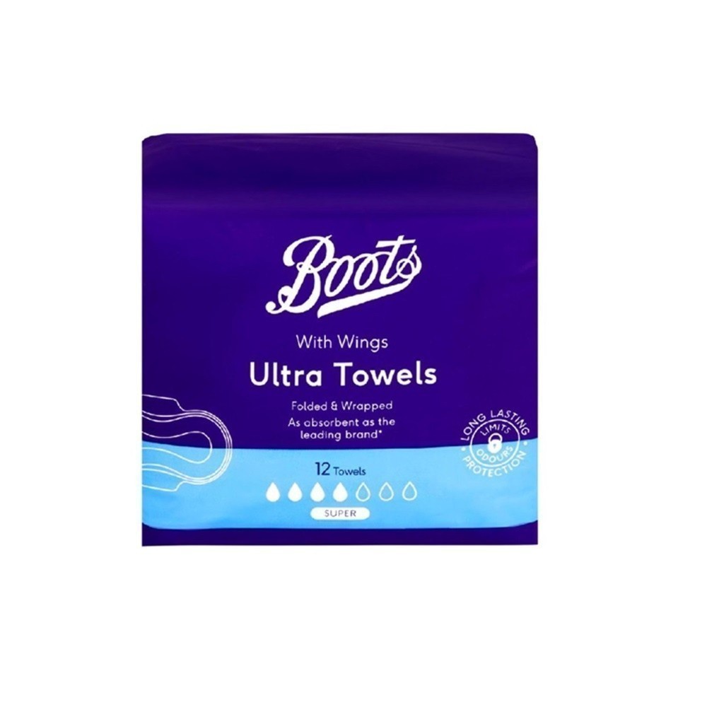 Boots Folded & Wrapped Ultra Towels With Wings Super 28cm 12S บู๊ทส์ โฟล์ด แอนด์ แรปด์ ผ้าอนามัย มีปีก 28 ซม. 12 ชิ้น