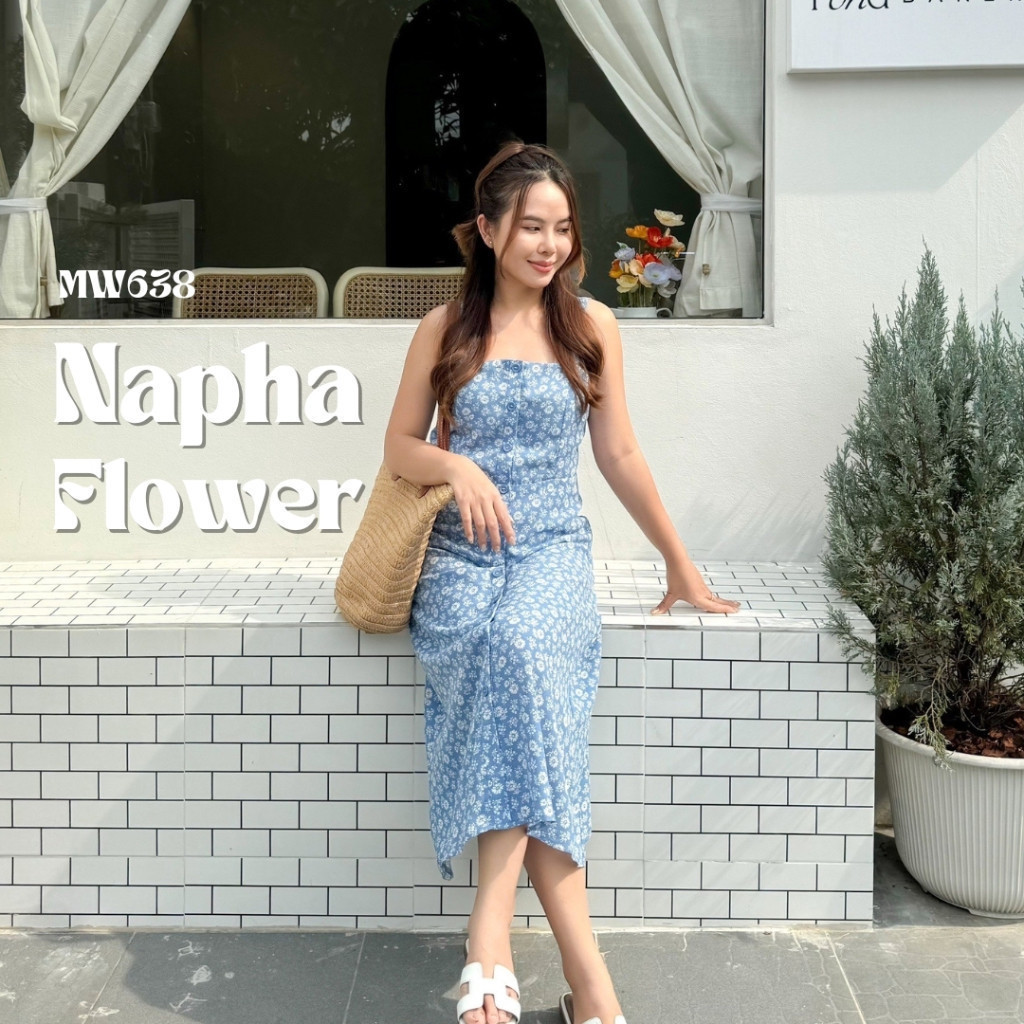 MyWay Brand : Dress - Napha Flower เดรสสายเดี่ยว ชุดสีฟ้าลายดอก