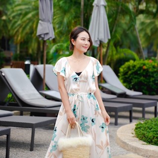 MyWay Brand :Dress ชุดเดรส - Happy V Cream ผ้าบางทะลุ ใส่ซับด้วยนะคะ  👋เลื่อนดูขนาดที่รูปสุดท้ายน้า