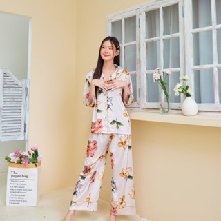 ชุดนอน Muslin pajamas [ โค้ด MUSSEP130 ลด 130 ฿] ชุดนอน  ซาติน Silk Satin ผ้านุ่มลื่น ใส่สบาย ( รุ่น P997)