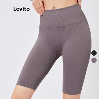 Lovito Sporty กางเกงกีฬาขาสั้น เอวสูง ผ้าถัก ไร้รอยต่อ ไร้รอยต่อ สีม่วง ดํา L26AD058