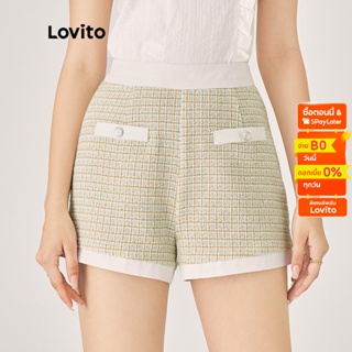 Lovito กางเกงขาสั้น ผ้าทวีต เอวกลาง แต่งขอบสี มีกระดุม สีพื้น สำหรับผู้หญิง L47ED068 (สีออฟไวท์)