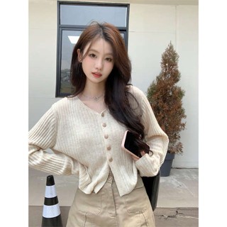 cardigan เสื้อคลุมไหมพรม เสื้อสเวตเตอร์ถักแขนยาวคอวีแบบบางสำหรับผู้หญิงเสื้อคาร์ดิแกนตัวสั้นทรงหลวมใส่ด้านนอกสไตล์เกาหลีรุ่นใหม่ปี2023