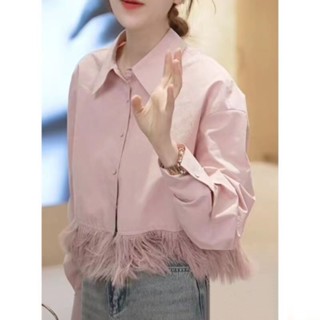 Yuexunhem ใหม่ เสื้อเชิ้ตแขนสั้น แต่งขนนก แฟชั่นฤดูใบไม้ผลิ สําหรับผู้หญิง 2023