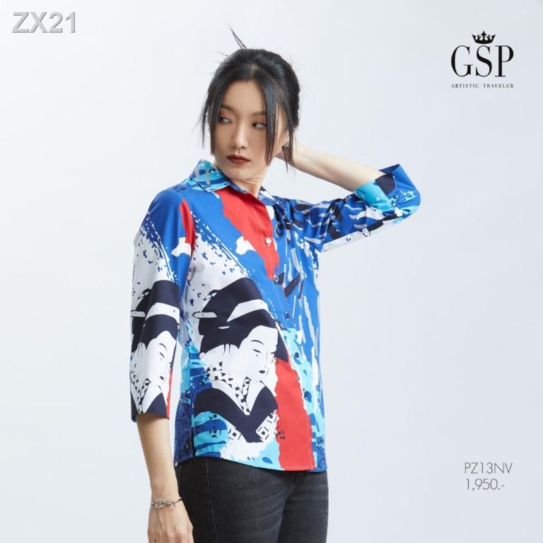 ♘♦GSP เสื้อผู้หญิง เสื้อเชิ้ตผู้หญิง Shirt เสื้อเชิ้ตผ้าคอตตอน แขนสี่ส่วน ลายพิมพ์ Geisha (PZ13NV)