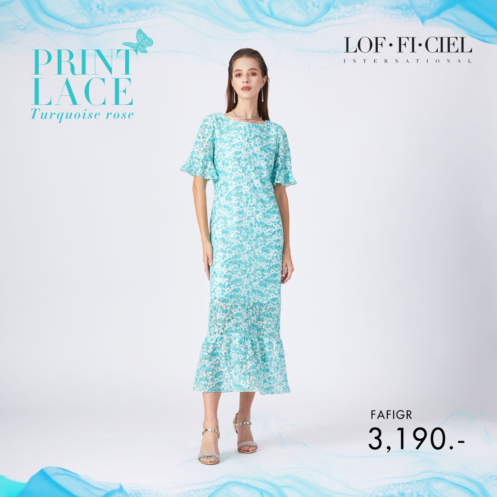 LOF-FI-CIEL Woman's Short Dress Print lace turquoise rose เดรสยาว ทรงเข้ารูป แขนสั้น ชายแต่งระบาย สีเขียว FAFIGR