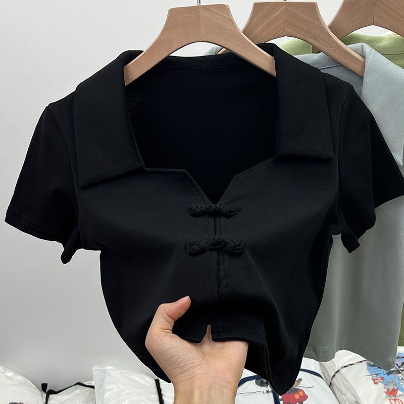 เสื้อครอปโปโลแขนสั้น ไซส์ใหญ่ สไตล์จีน เสื้อแฟชั่นผู้หญิงอวบ รองรับ 50-150 กก.ใส่ได้