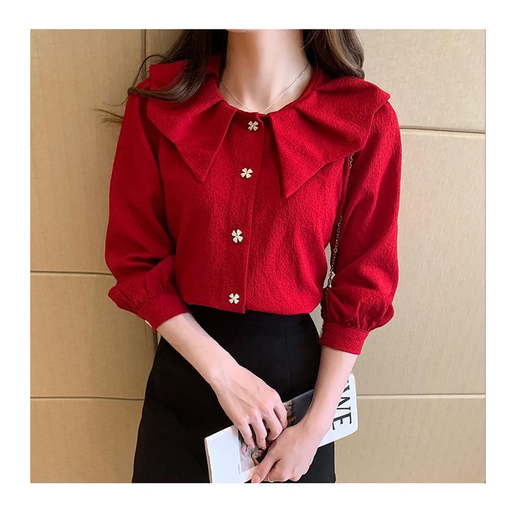 ใหม่ เสื้อเชิ้ตแขนยาว ผ้าชีฟอง สีแดง แฟชั่นสําหรับผู้หญิง